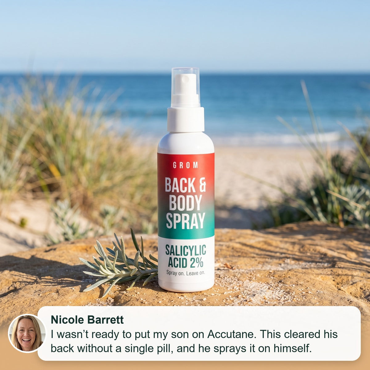 Grom Back & Body Spray on a beach dune with a customer quote