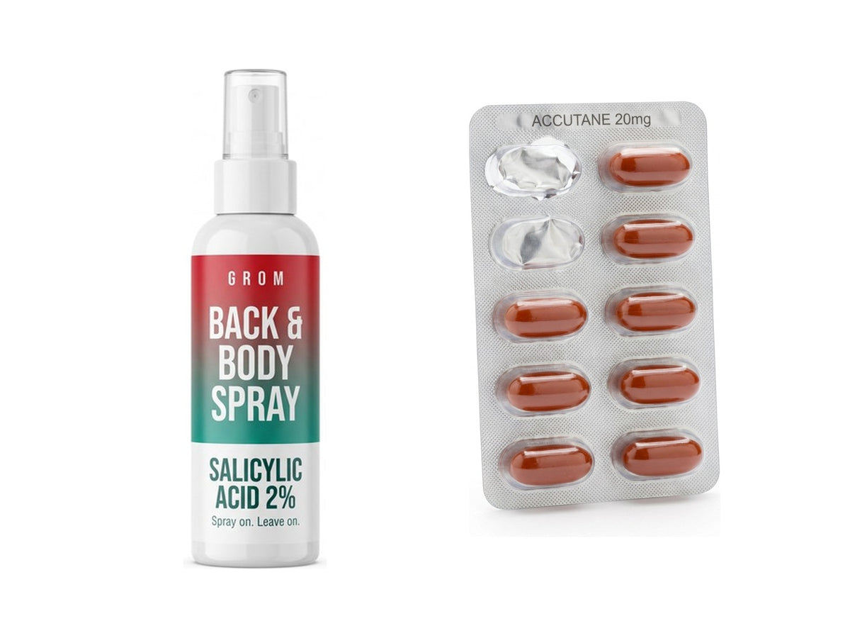 A bottle of Grom back and body spray next to a blister pack of Accutane pills
